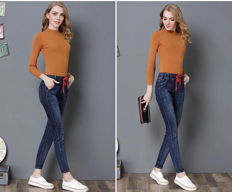 Узкие джинсовые штаны Высокая Талия Джинсы для женщин эластичный пояс джинсовой длинные Мотобрюки Демисезонный Винтаж Джинсы для женщин