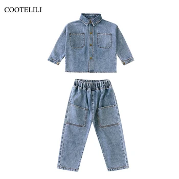 

COOTELILI Fashion Jeans Denim Kids Jacket Clothing Sets Autumn Kids Sets For Girls Boys Big Pocket Coat + Pants
