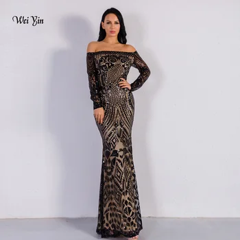 

weiyin Black Long Sleeves Mermaid Evening Dress Off the Shoulder Elegant Women Formal Dress Arabic Dubai Party Prom Dresses 2019