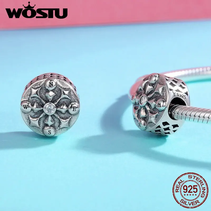 WOSTU Authentic 100% 925 Sterling Silver Compass Arrow Geometric Charm Beads fit Charm Bracelets Women DIY jewelry FIC278