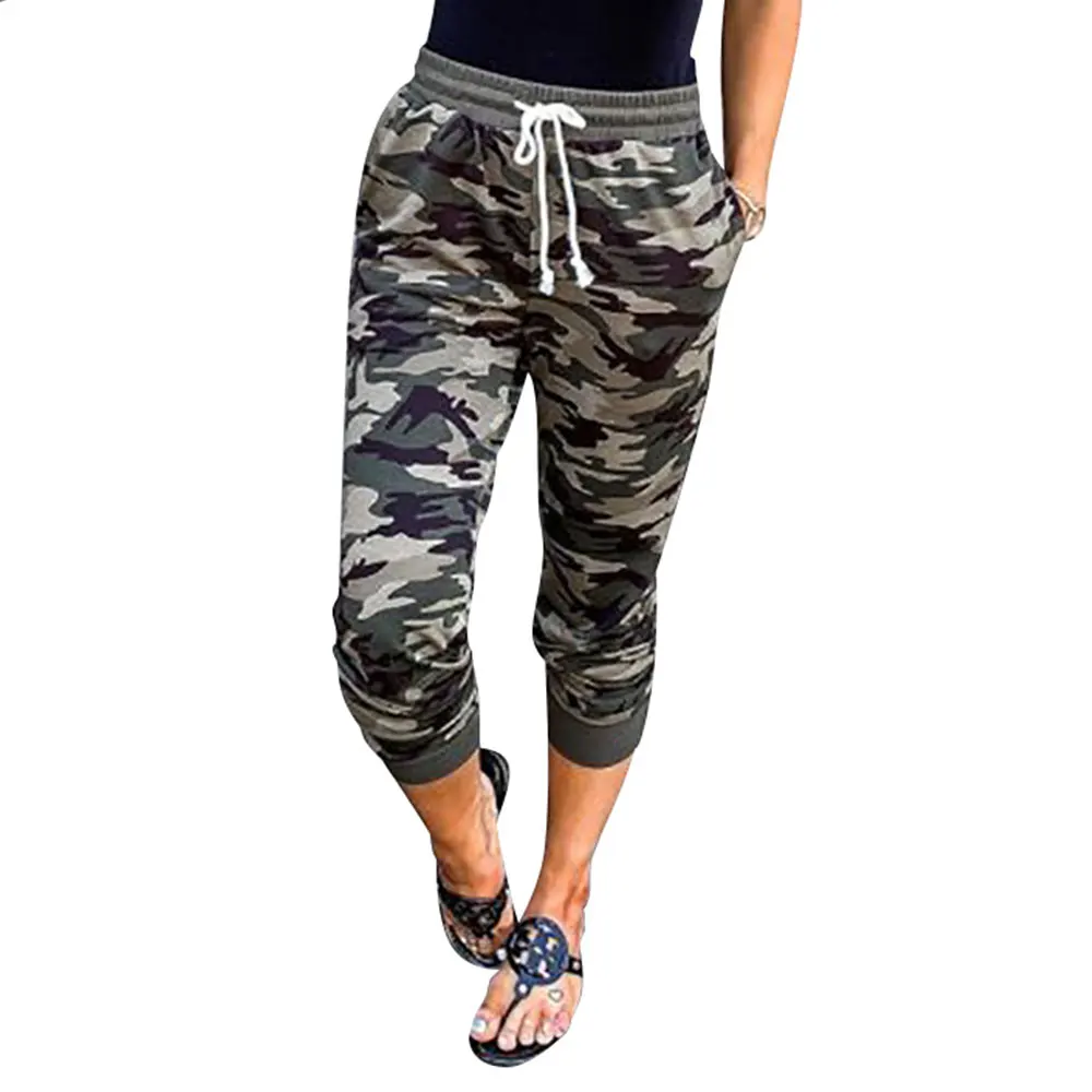 

Women Casual Mid Waist Pants Camouflage Print Lace-up Cropped Pant Streetwear Camo Joggers Trousers Women pantalones mujer H30