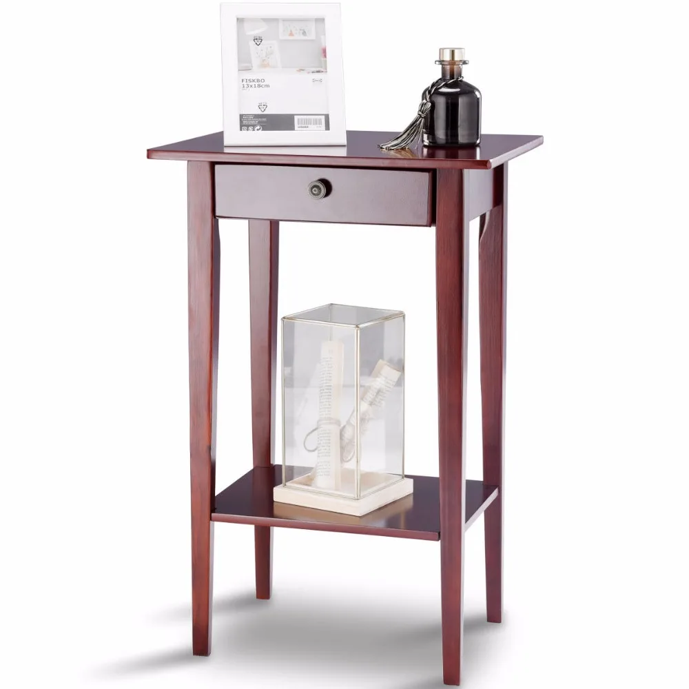 Giantex End Table Tall Wood Side Table Accent Style Telephone Stand Table Drawer Shelf Living Room Furniture HW57881