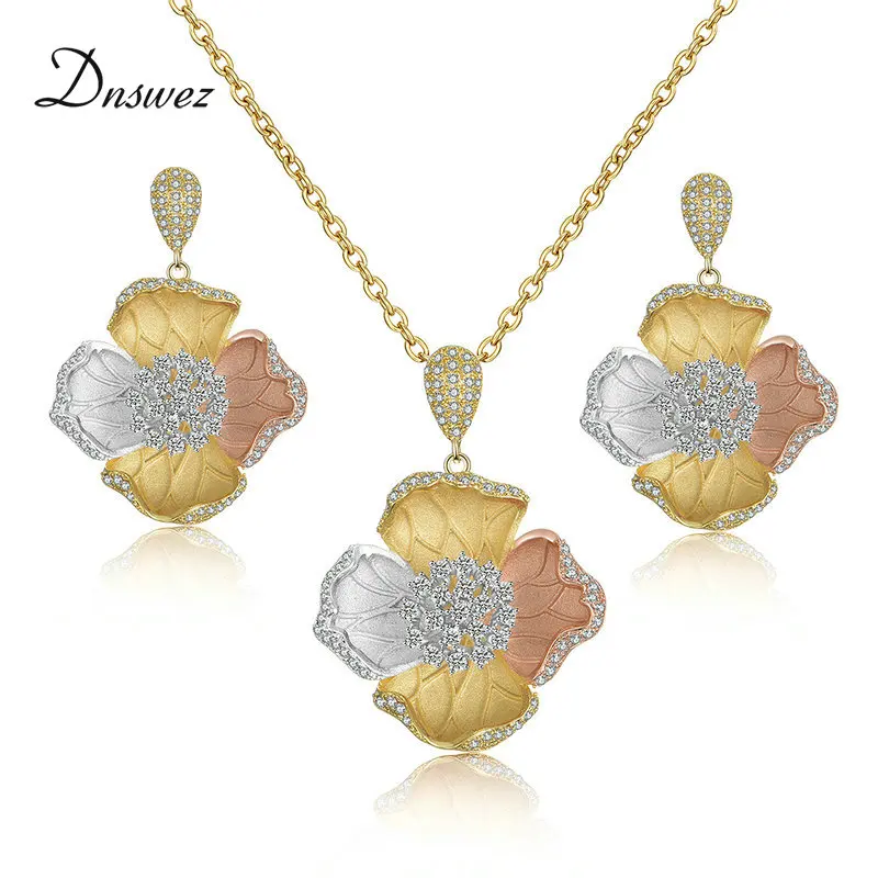 

Dnswez Flower Floral Fashion Luxury Super AAA+ Cubic Zirconia Women Engagement Earring Necklace Jewelry Set for Women Girls Gift