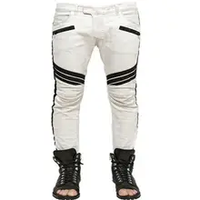 2017 men jeans White locomotive biker jeans stretch skinny jeans creases fashion slim fit stretch jeans