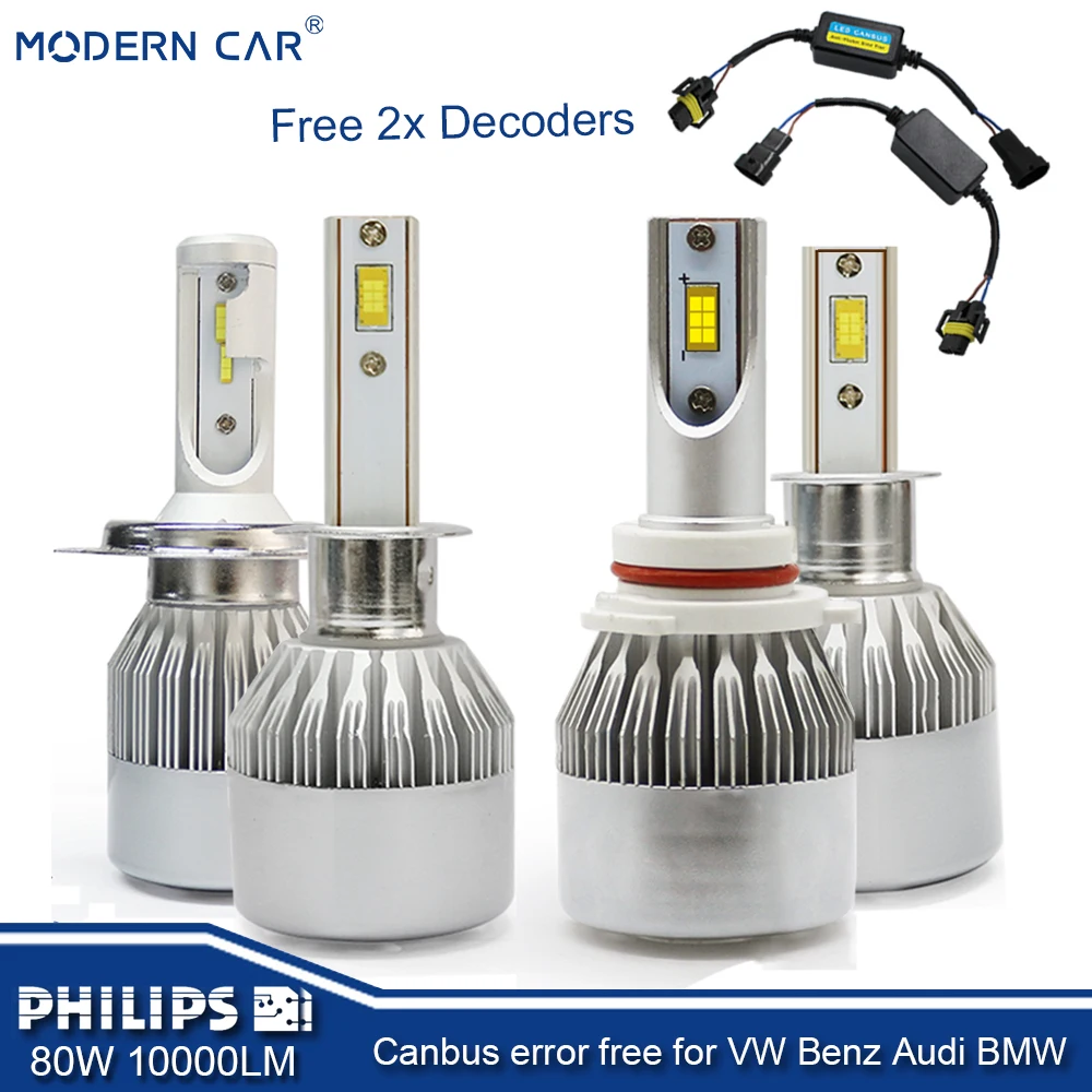 

MODERN CAR 2xDecoders+2pcs 80W H11 H7 880 9005 9006 H4 LED Headlight Bulbs Single Hi-Lo Headlights For Volkswagen Audi Benz BMW
