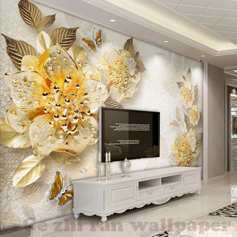

Custom Mural WallPapers 3D Golden color Diamond Flower Jewelry Living Room Bedroom TV sofe background Wallpaper Home Decor