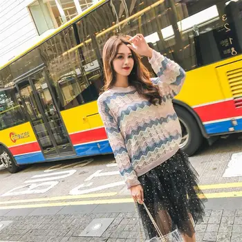 

Casual Stripe Knitted Sweaters Fashion Pullovers Chic Loose Oversize Hollow Sweater Female Autumn Winter Chandail Tricot Femme