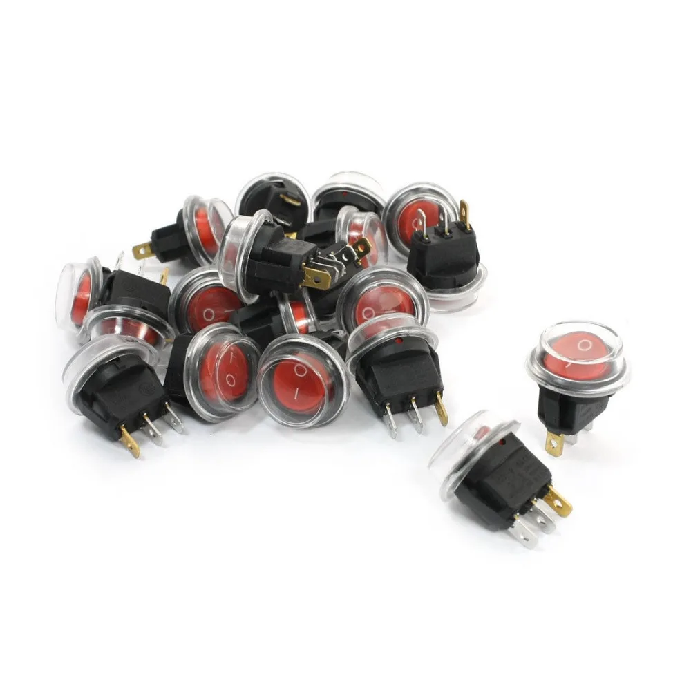 20Pcs Red Lamp SPST 3Pin Soldered Waterproof Rocker Switches AC 6A 250V