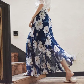 

2020 Spring New Arrival Chiffon Sweet Vintage Skirt Floral Elastic Waist Irregular Lotus Leaf Hem Mermaid Skirt Free Shipping