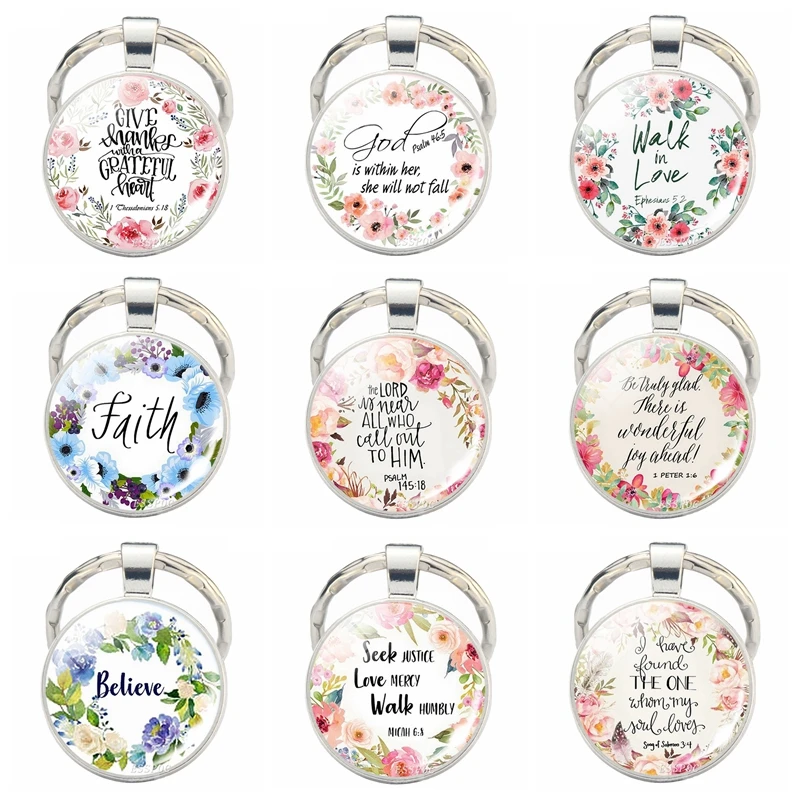 

Bible Verse Quotes Keychain Religious Jewelry Glass Cabochon Silver Plated Metal Key Chain Gifts for Christian Christimas Gifts