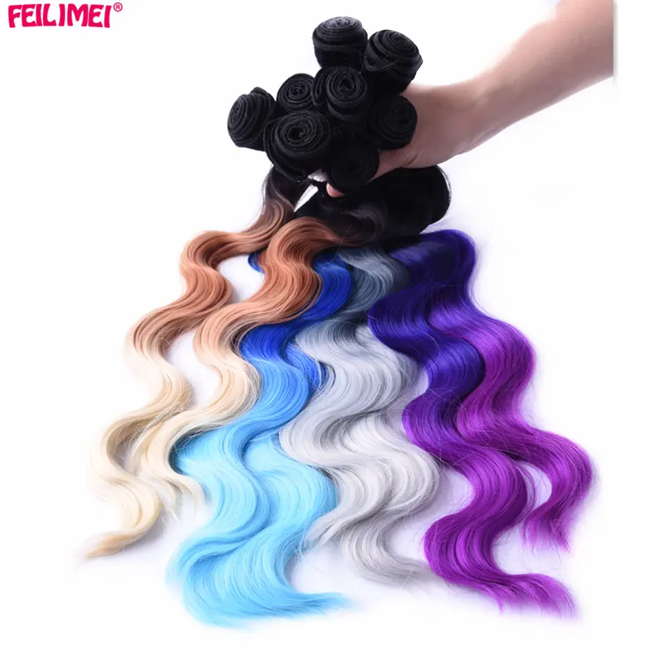 

Feilimei Ombre Silky Straight Hair Weft Weaving 18" 20" 22" 280g Synthetic Black Blonde Brown Purple Blue Gray Hair Extensions