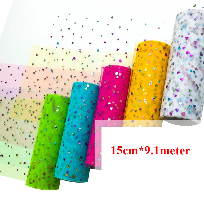 

1pcs/lot 15cmX10yards Heart Tulle Confetti Glitter Tulle Baking Cake Topper Tutu Pom Bow Soft Squine Tulle DIY Wedding Birthday
