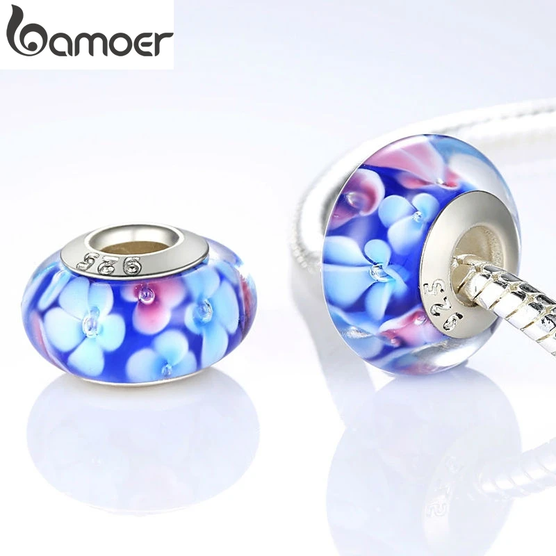

New Spring Collection Silver Color Blue Murano Glass Flower Beads Fit Bracelet & Necklace Jewelry Making PA6324