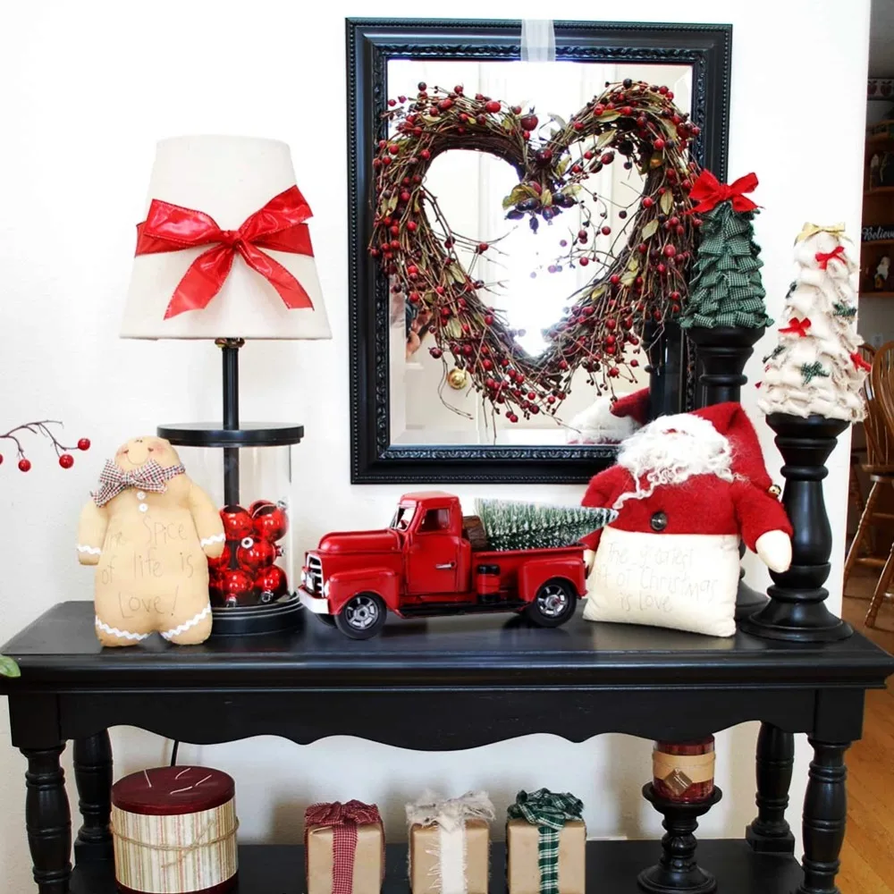 OurWarm Cute Little Metal Christmas Red Truck Vintage Red Truck Christmas Tree Decor Handcrafted Kid Gift Table Top Decor Home