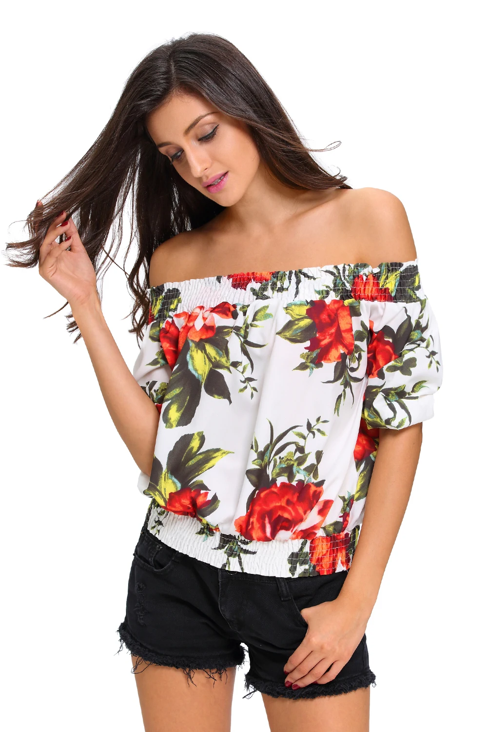 2017 Flower Print Women Strapless Crop Top Half Sleeve Summer Chiffon