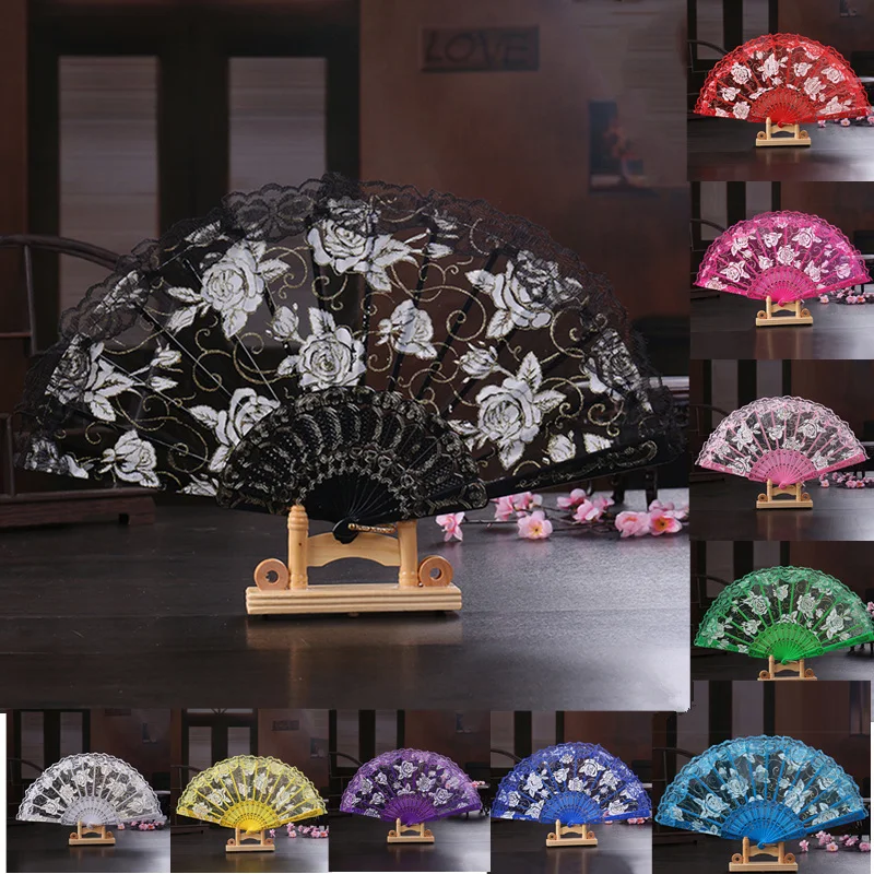 

Chinese/Spanish Style Vintage Fan Dance Wedding Party Lace Silk Folding Fans Hand Held Flower Decorative Fans