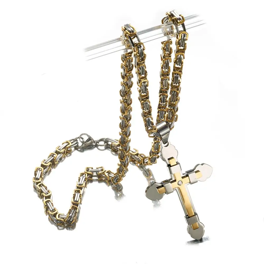 High Quality Men's Jewelry Byzantine Stainless Steel Silver Color&ampGold Chain Catholic Crucifix Pendant Male Punk Rock Ornaments |