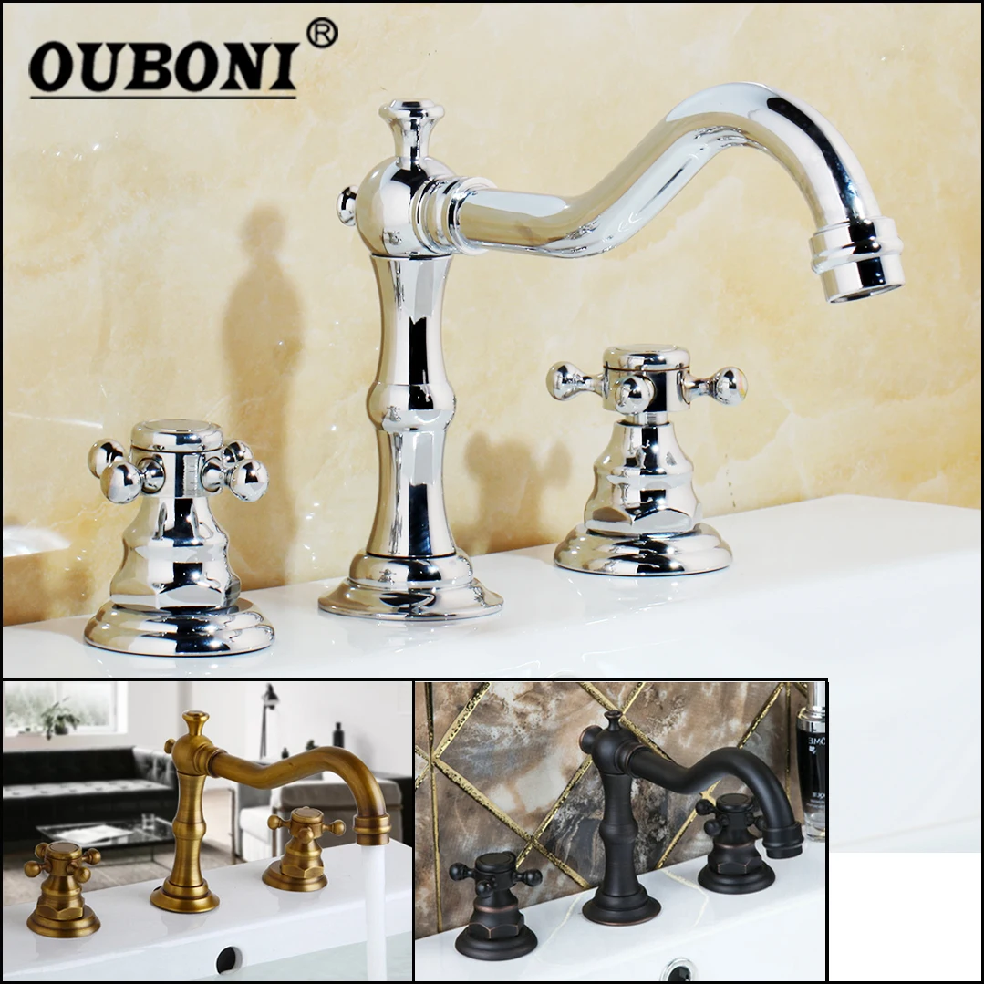 OUBONI Chrome Solid Brass Bathroom Basin Mixer Tap Antique Brass Black ORB Kitchen Sink Faucet Dual Handles 3 Pcs Basin Faucet