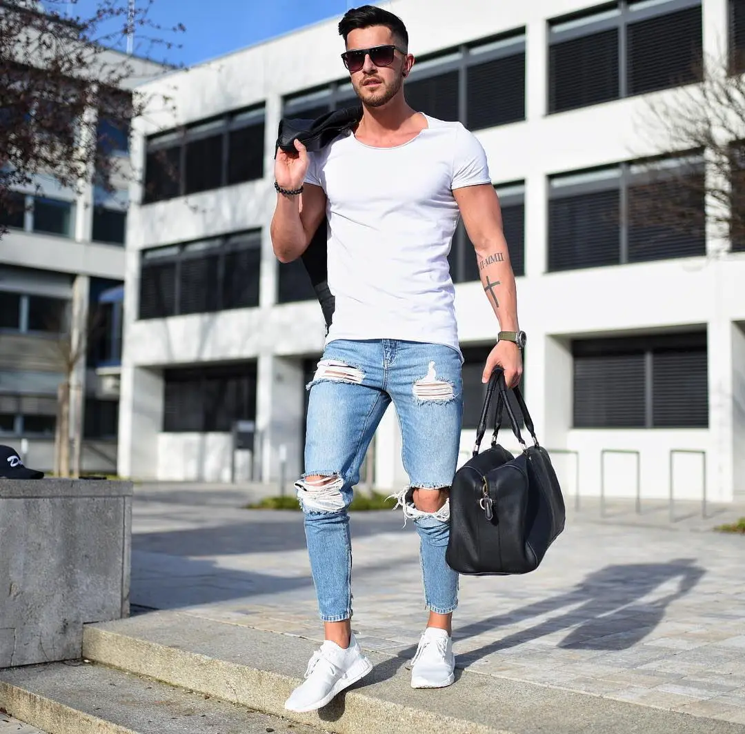 

Men Hole Jeans Elasticity Hip Hop Style Jean Male Small Foot Slim Fit Jeans Skinny Light Blue Jeans Fashion New