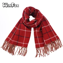 Winfox Red Pink Winter Female Wool British Tartan Plaid Scarf Shawl For Women Long Warm Knitted Tassel Cashmere Scarfs Wrap red plaid tartan o ring wristband