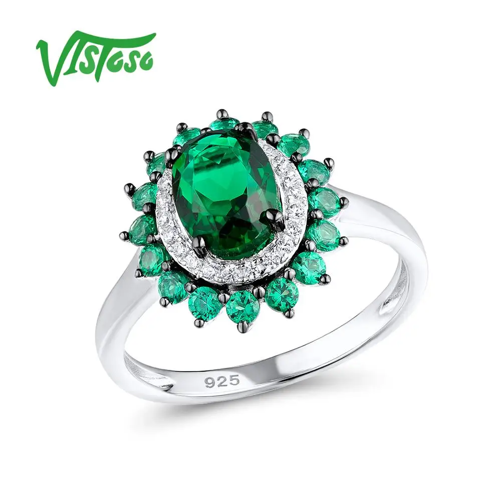 

VISTOSO 925 Sterling Silver Rings For Women Natural Stone Green Spinel Round Cubic Zirconia Fine Jewelry Rings Women's Jewelry