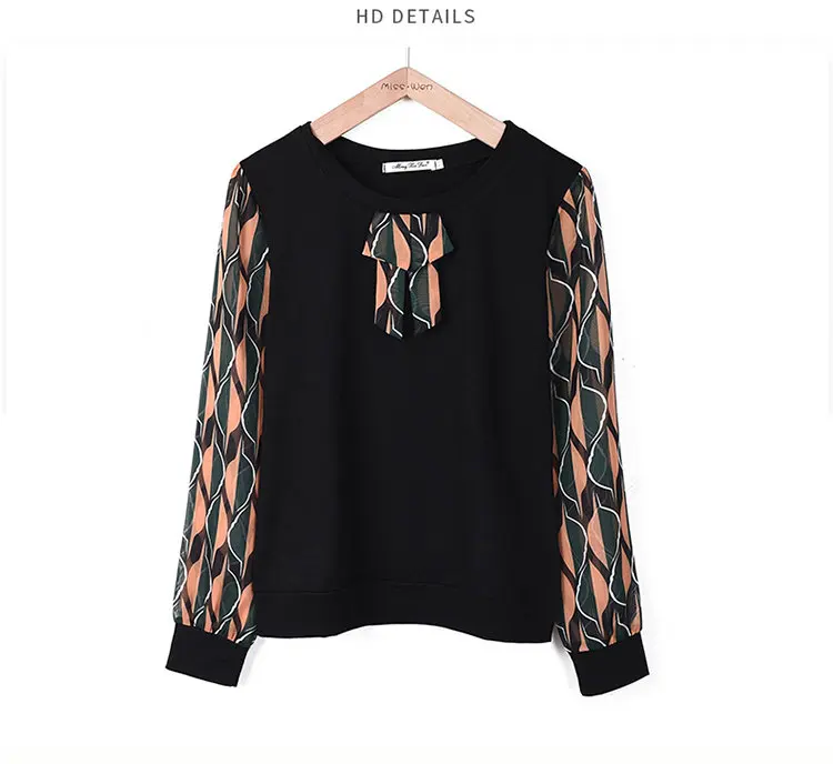 2019 Fall Patchwork Blouse Women Tops Plus Size Print Shirts Femme Tops Casual Ladies Shirts Bow Long Sleeve Blusas Mujer (12)