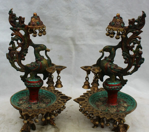 

JP S0524 17" Old Chinese turquoise 24K Gold fung-hwang Bird phoenix Statue oil lamp Pair