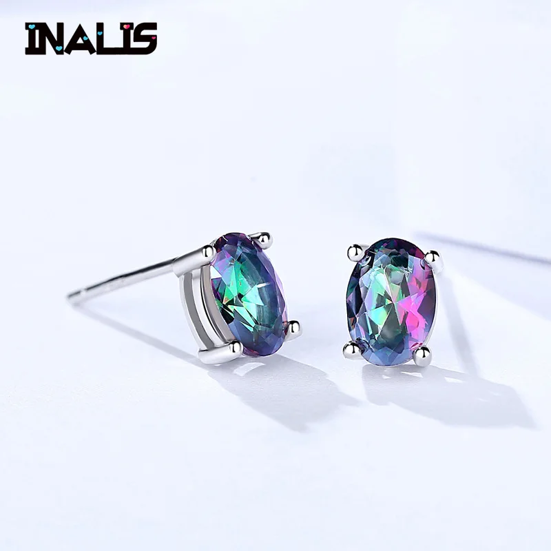 

INALIS New Fashion Stud Earrings S925 Sterling Silver Inlay Multi Oval CZ Glass Stone Crystal Brincos Simple Design Gift Jewelry