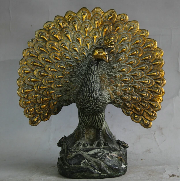 

shitou 002499 9" Old Chinese Fengshui Bronze Gild Bird peacock peafowl Animal Statue Sculpture discount 30% (C0324)