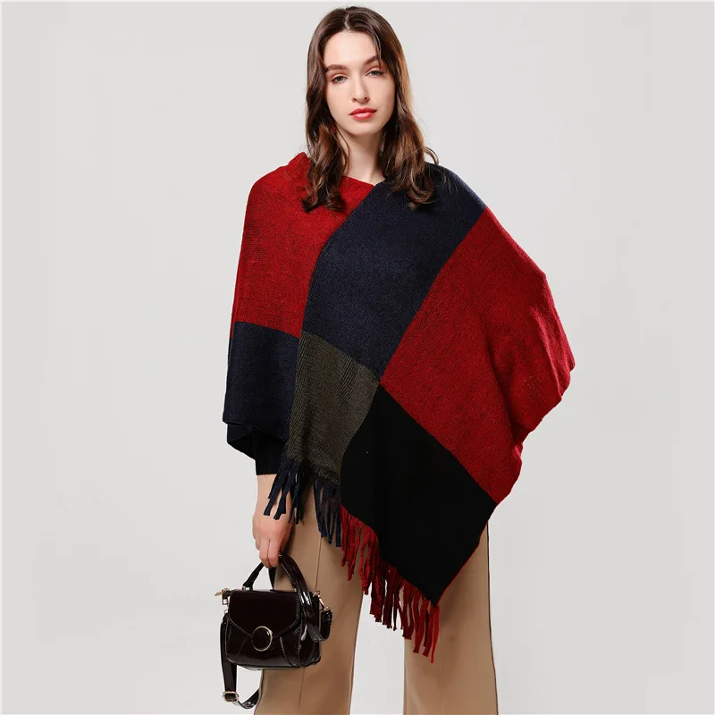 

2019 women scarf fashion winter cashmere-like thick warm lady poncho and caps knitted pashmina blanket plaid stoles