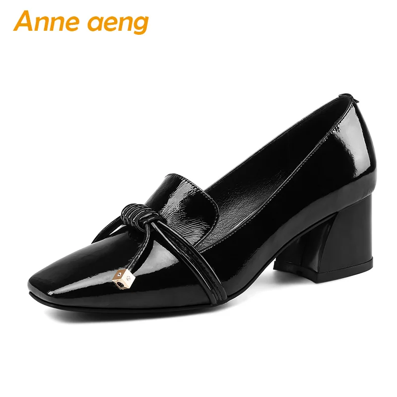 

2018 New Autumn Genuine Leather Women Pumps High Hoof Heels Square Toe Slip-On Sweet Sexy Office Ladies Pumps Black Women Shoes
