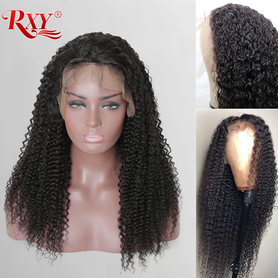 RXY перуанские вьющиеся волосы парики предварительно сорвал полный шнурок человеческих волос парики с детскими волосами Безглютеновые полные парики шнурка для черных женщин Remy
