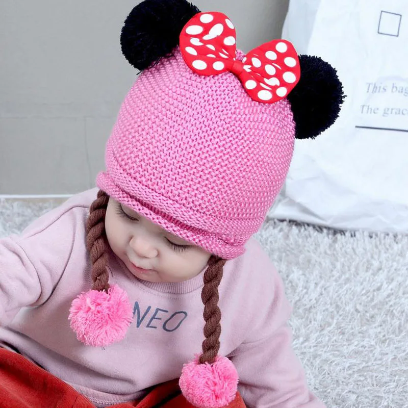 Doitbest, два парика, шерсть, зимние шапки, детская вязаная шапка, бант, меховые шарики, детские шапки для девочек от 6 месяцев до 2 лет - Цвет: Розовый