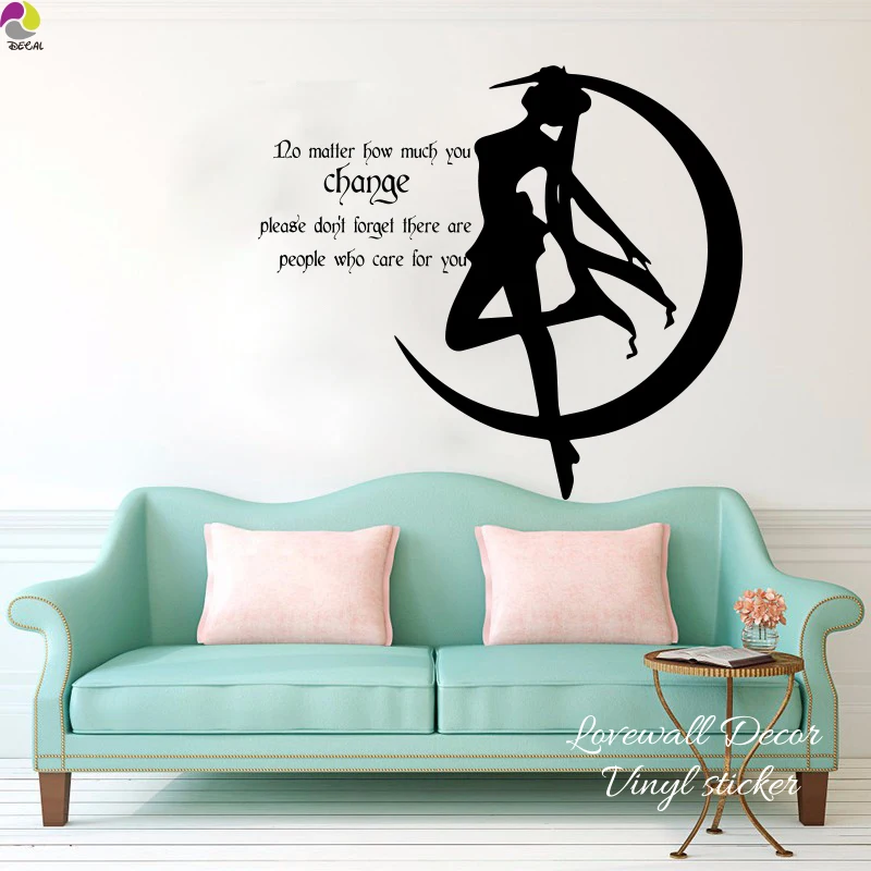 Cartoon Japanese Sail Moon Wall Sticker Baby Nursery Mango Anime Girl People Who Care Quote Wall Decal Kids Room Cut Vinyl Decor