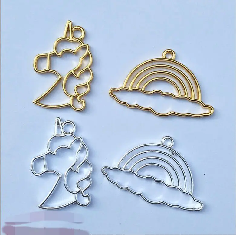 

New 5 pcs/lot Rainbow clouds unicorn Metal Frame Pendant Gold Charm Bezel Setting Cabochon Setting UV Resin Charm