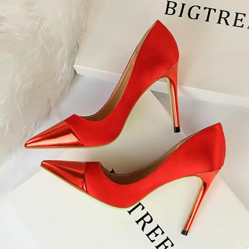 BIGTREE/; модные женские туфли-лодочки на высоком каблуке 10 см; цвет синий; женские атласные туфли на шпильке; Tacones; Фетиш; шелковые блестящие красные туфли - Цвет: red
