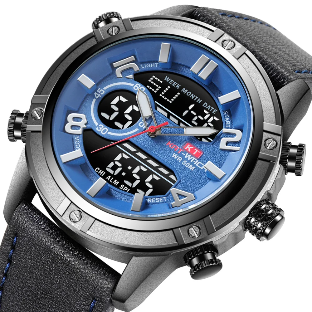 

Mens Leather Sport Military Analog Watch Dual Time Waterproof Quartz Wristwatch Male Clock Relogio Masculino Fashion Blue Face