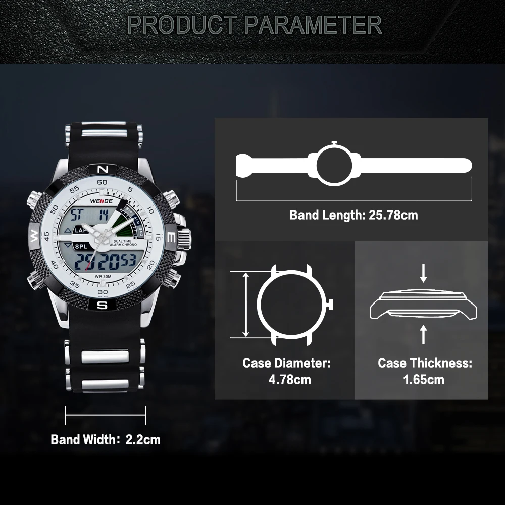 WEIDE Часы Мужчины LCD Аналоговые Цифровые Часы Спорт Задняя Подсветка Будильник Оригинальныые ПУ Ремешок Секундомер Автоматическая дата Секунда Месяц Дата Неделя Кварцевый Водонепроницаемые Наручные Мужские Часы