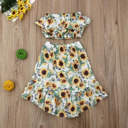 New Summer Fashion Toddler Kids Baby Girl Sunflower Outfits Set Ruffle Crop Top Skirt Sunsuit Clothes Set 1-6T
