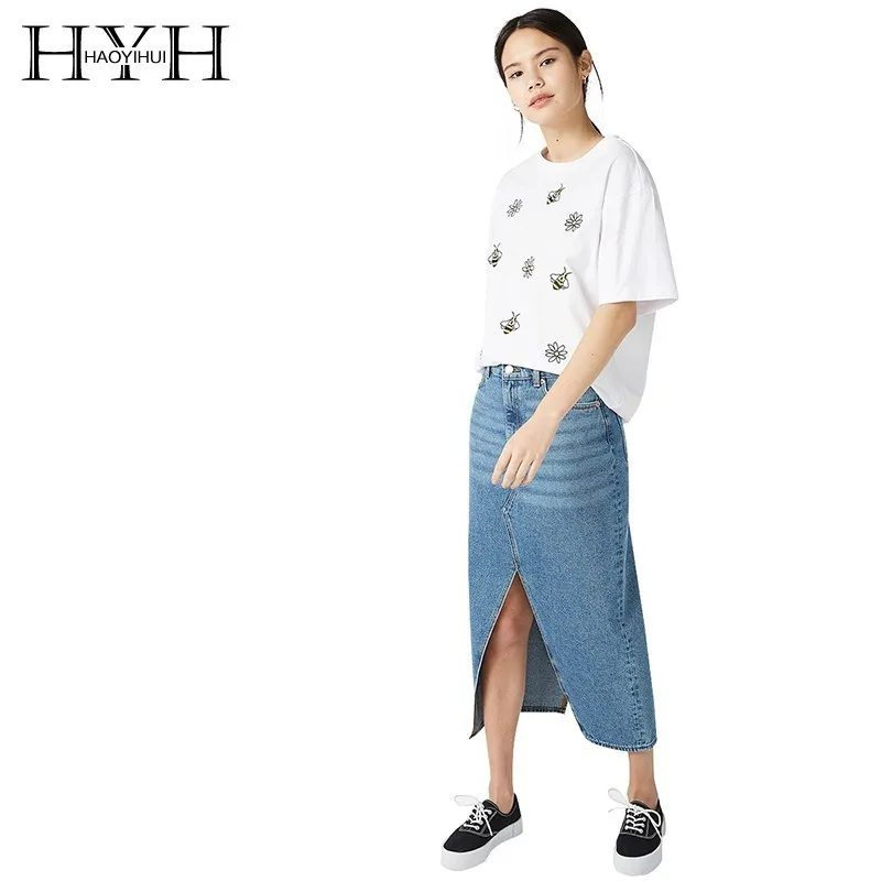 

HYH Haoyihui Femme Summer Stylish Casual Tops Girls Simple Embroidery Cartoon Bees Round Collar Pure White Befree T-shirt