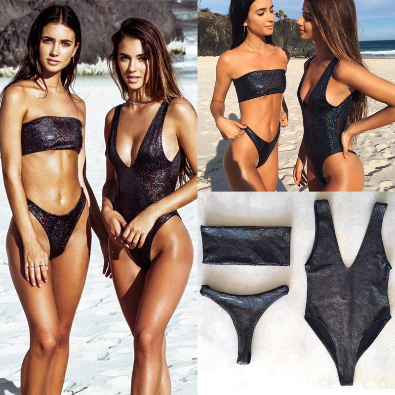 Bling Sequins PU Leather Sexy Two-Piece Bathing Suits Women Push-up Black Silver Monokini Swimsuit Triangle Swimwear Bikini Set