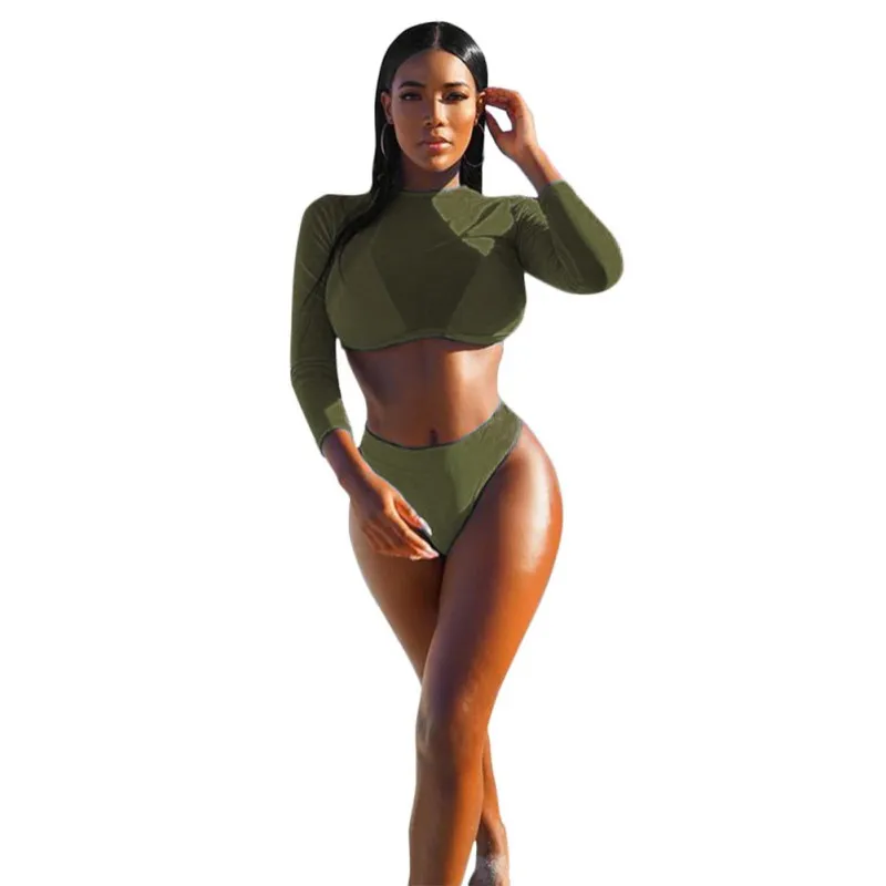 

Women Sweet Mesh Perspective Solid Color High Split Elastic Waist Long Sleeve Three-Piece Sports Sunscreen Swimsuit