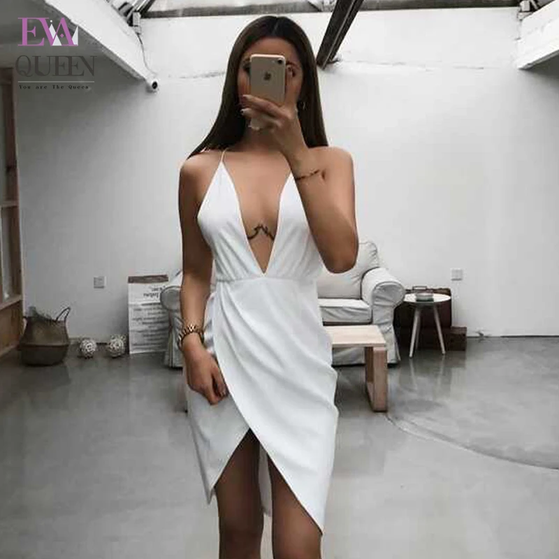 

Tobinoone Irregular White V Neck Women Dress 2017 Sexy Front Split Evening Party Bodycon Dresses Back Cross Strap Club Vestidos
