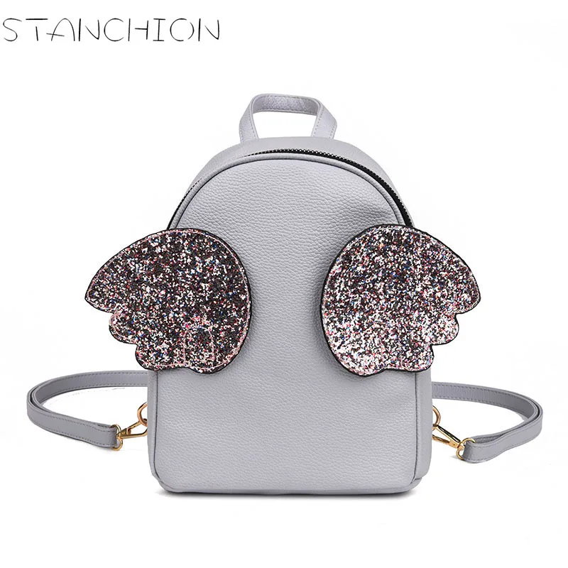 

STANCHION PU Leather Mini Backpack for Women Sweet Shiny Wings Daily Casual Girl Shoulder Bag