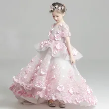 Новая Роскошная детская одежда для свадебного торжества платье с розовым цветком для девочек милое нарядное платье принцессы высокое качество на заказ 18M06