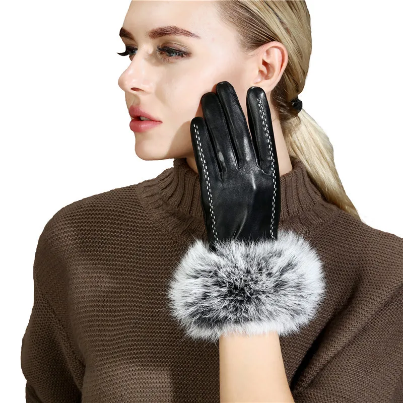 

Leather Gloves Women Touch Screen 100% Genuine Sheepskin Rabbit Fur Thermal Warm Winter Luxury Full Finger Gloves Black S M L