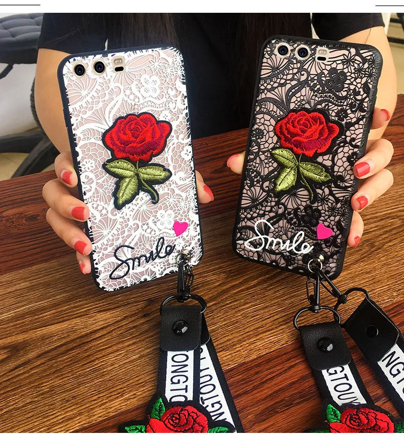 For Huawei P20 P10 P9 P8 Lite Mate 7 8 9 Pro Honor 6X V9 V8 V10 Nova 2 Plus 5A Enjoy 6S Lace Flower Hand Strap Case Cover |