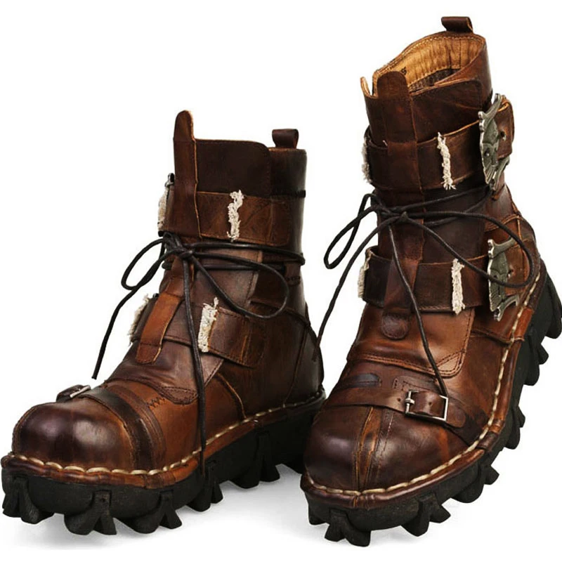 

Men's Cowhide Genuine Leather Work Boots Military Combat Boots Gothic Skull Punk Motorcycle riding Boots