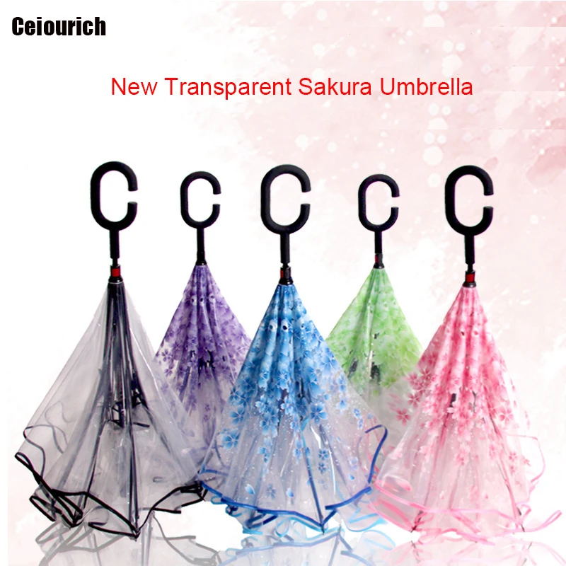 

Ceiourich Awning Sunshada Flower Umbrella Reverse Transparent Umbrellas Rain Womne Men Double Layer C-hook Umbrellas-012