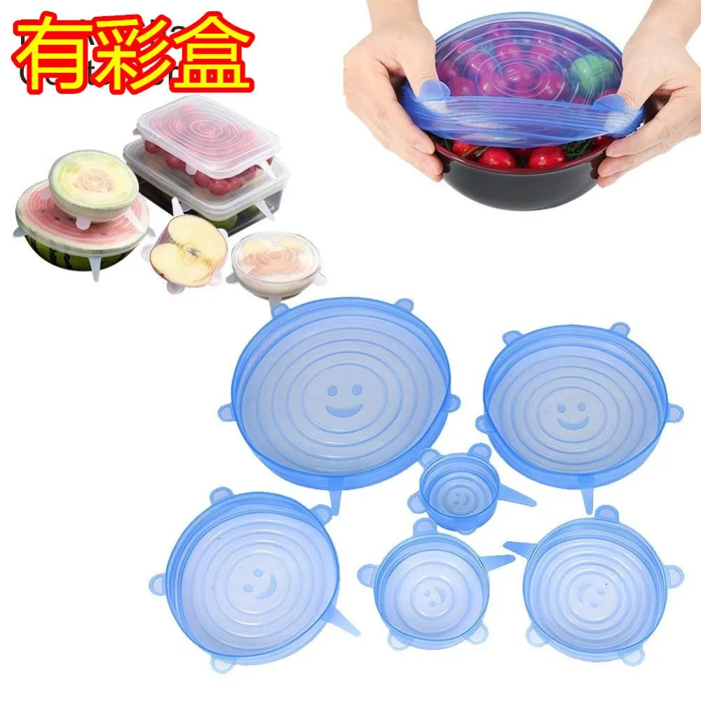 

6 Pcs/Set Silicone Food Wrap Caps lids Saran Wrap Cookware Stretchable Fresh Covers For Seal Bowl Dishes Reusable Kitchen